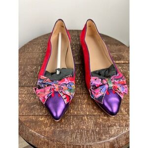 Sandra Pink Women's Ballet Flats Red Suede Purple Toe Bow Size 40